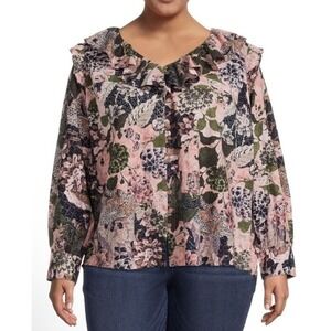 Terra & Sky Womens Long Sleeve Ruffle Collar Fall Floral Print Top 4X